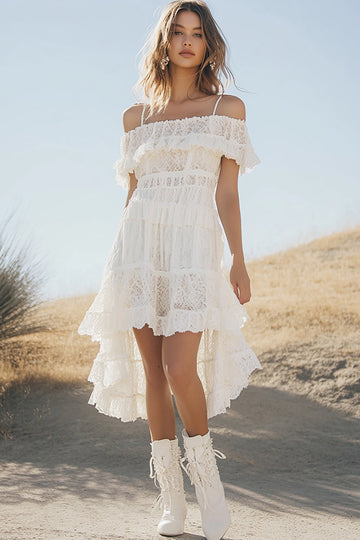 White Cold Shoulder Lace A Line Ruffled High-Low Boho Graduation Dress